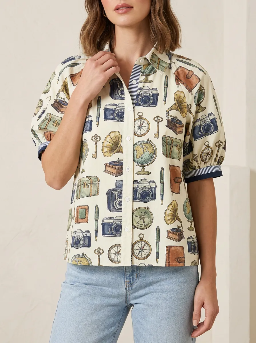 Women's Vintage Travel Lover Camera Globe Printed Shirt