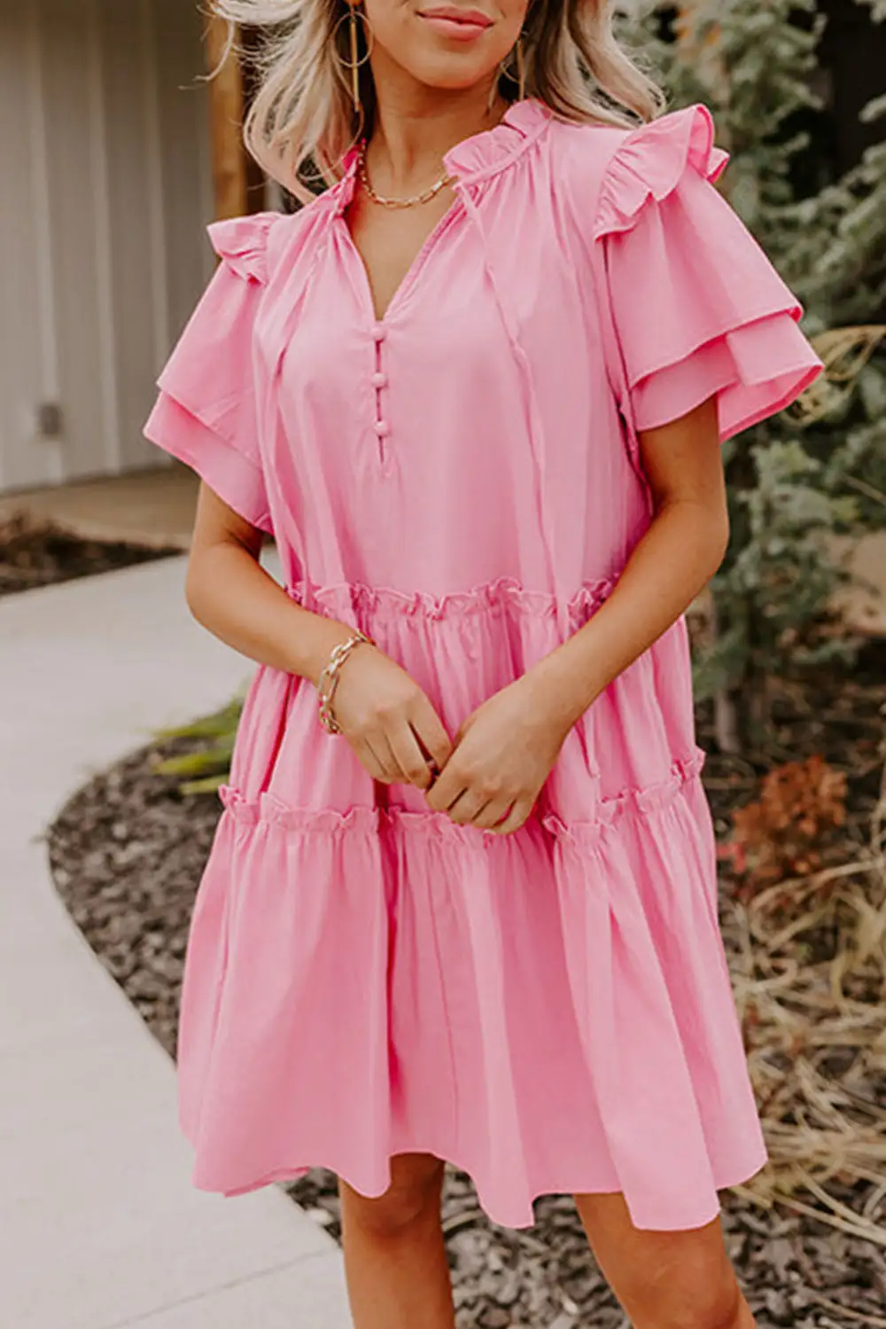 V Neck Layered Ruffled Sleeves Mini Dress