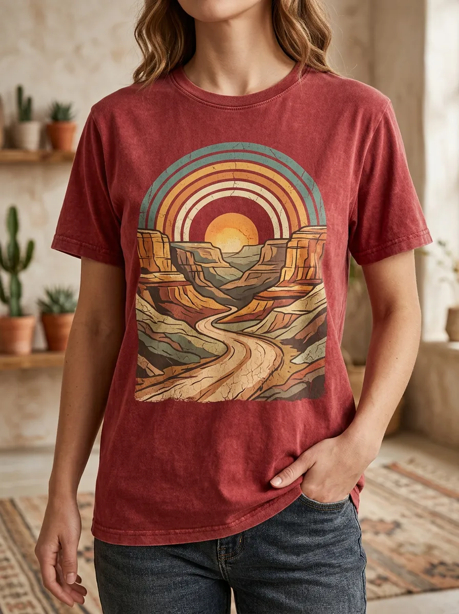 Women's Wilderness Retro Canyon Sunset Landscape Crew Neck T-Shirt