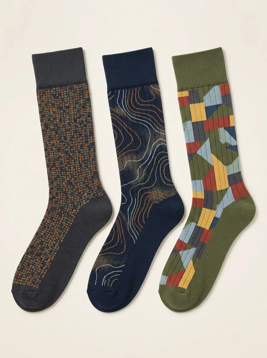 Men's Topographic Lines Grid Pattern Ribbed Crew Sock Set
