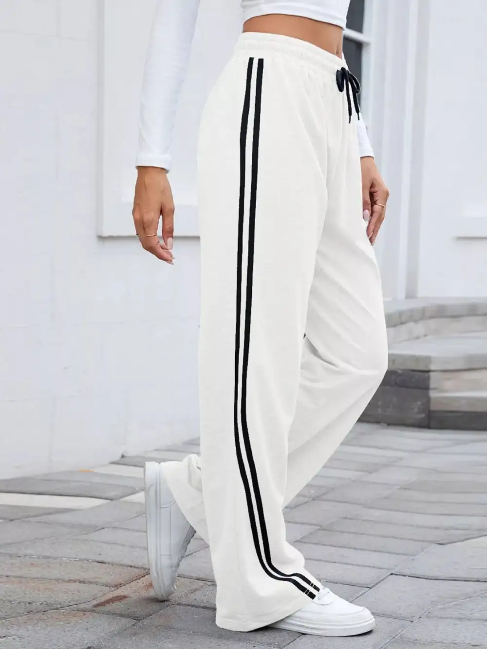 Wide Leg Striped Drawstring Everyday Pants