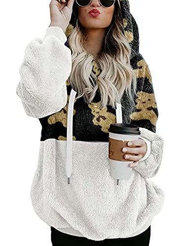Women Casual Double Fuzzy Sweatshirt Faux Fleece Zip Pullover Hoodies Coat Outwear S-XXL