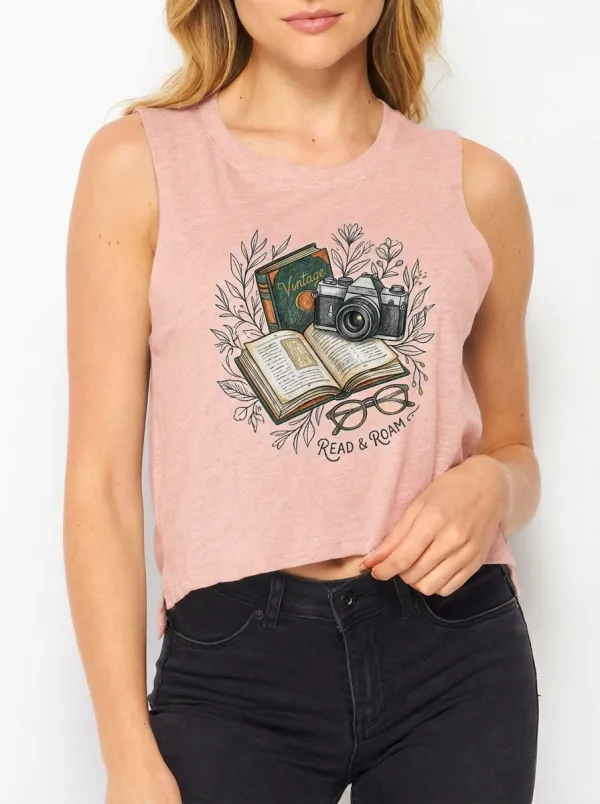 Women's Book Reader Camera Graphic Muscle Tank Top