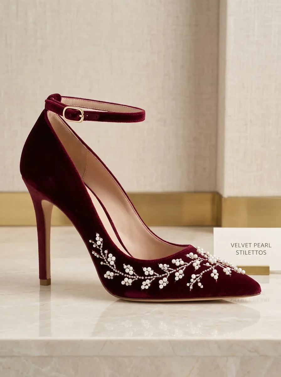 Pearl Floral Buckle-Strap Ankle-Strap Women's Formal High Heels