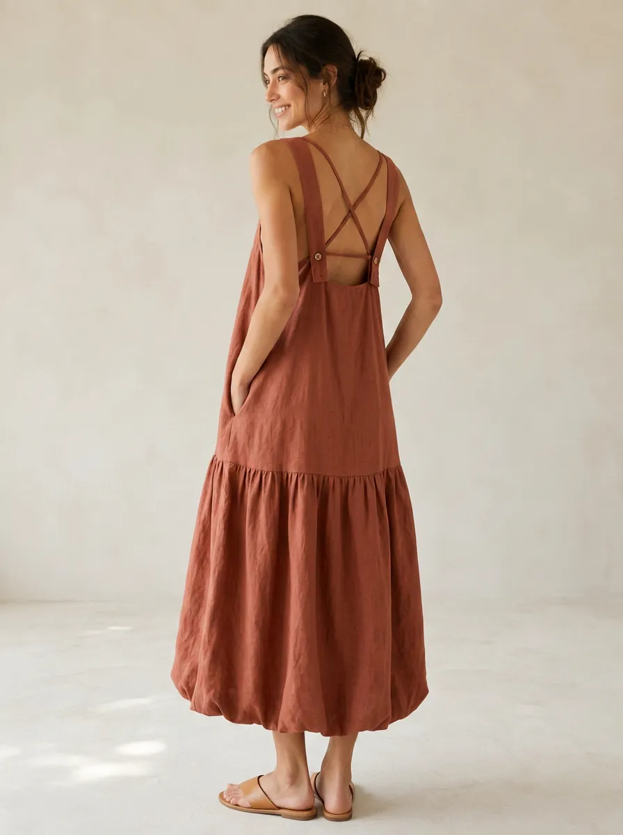 Women's Casual Crisscross-Back Linen Midi Backless Dress