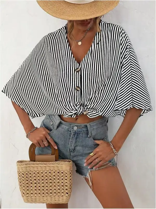 V-Neck Striped Batwing Sleeve Casual Blouse