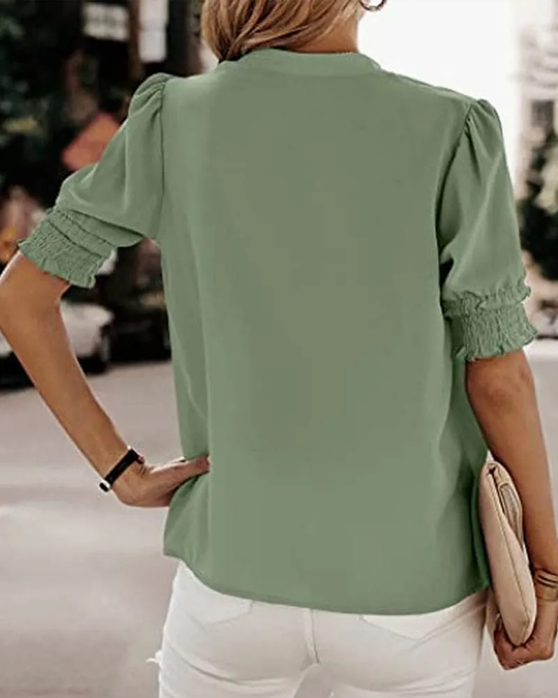  V Neck Smocked Sleeve Blouse