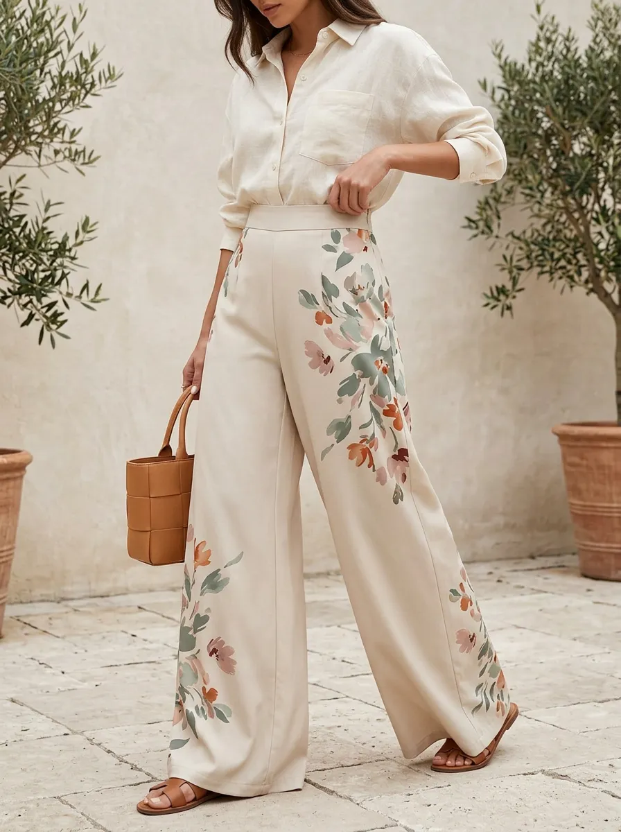 Women's Floral Art Botanical Patterned High-Waist Wide-Leg Pants
