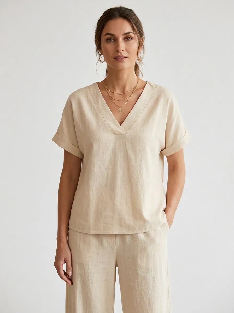 Refined Short-Sleeve Cuffed-Sleeve Women's V-Neck Shirt