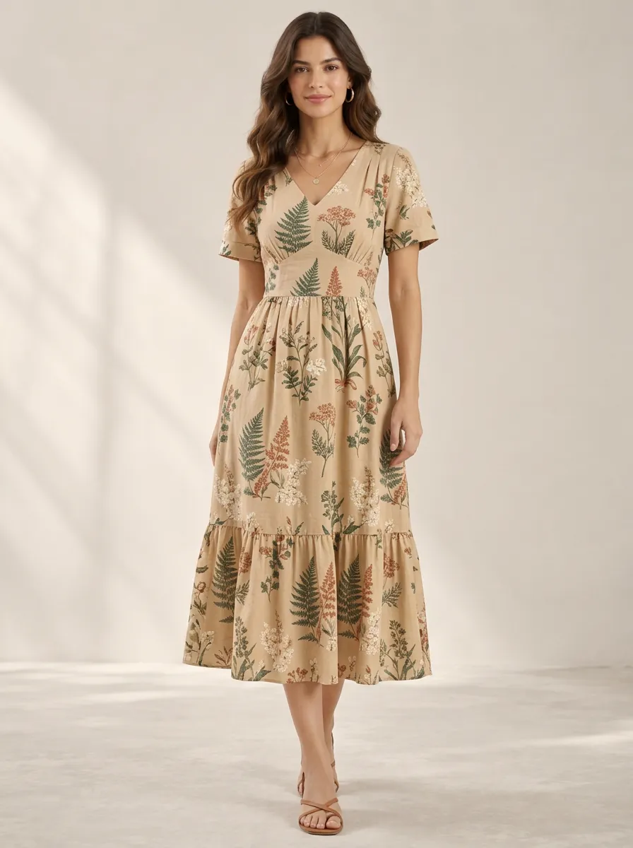 Women's Flowing Botanical Fern Printed Dress