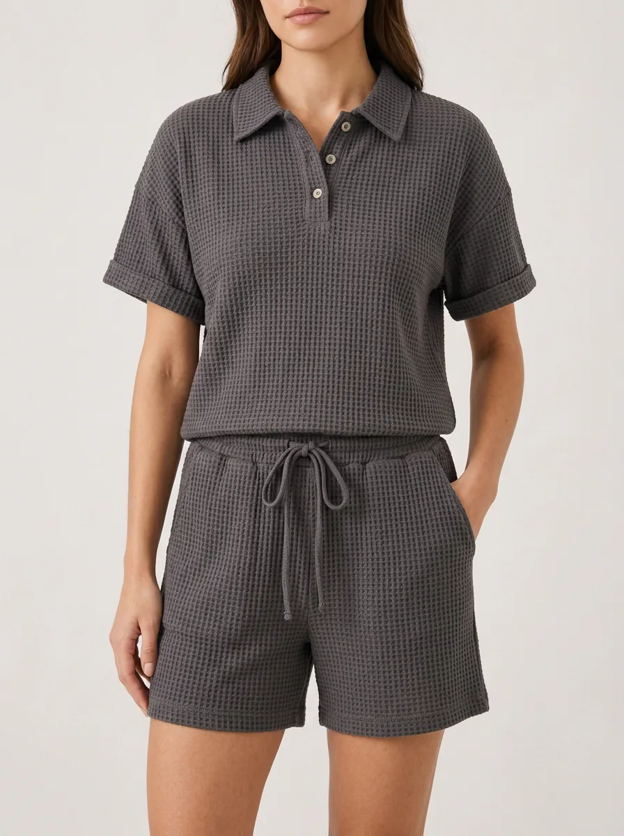 Unisex Waffle Knit Charcoal Button Polo Shirt