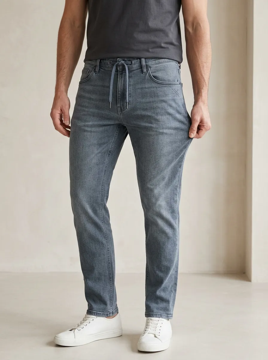 Men's Casual Fashion Grey Drawstring Waist Stretchy Denim Jeans