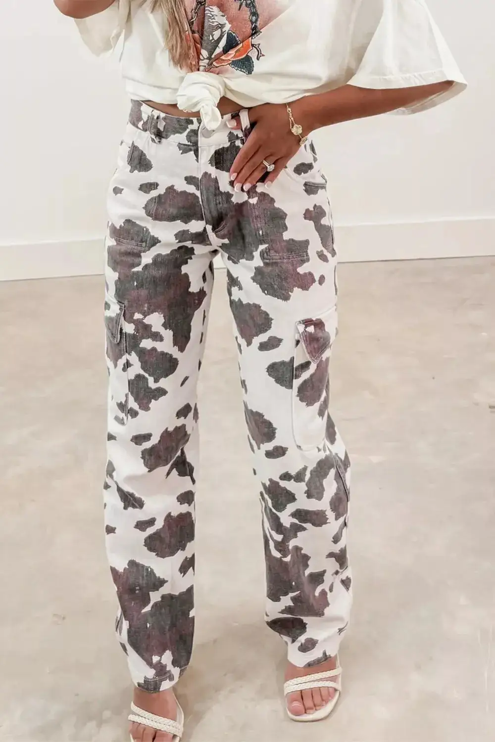 Denim Cow Print Pocketed Jeans