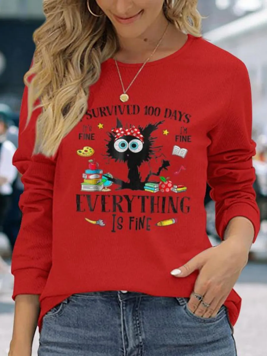Black Cat Printed Long Sleeve T-Shirt
