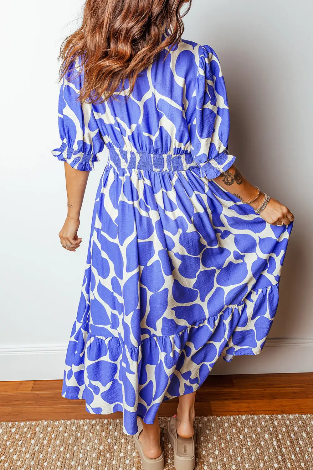 Sky Abstract Print Smocked Waist Puff Half Sleeve Maxi