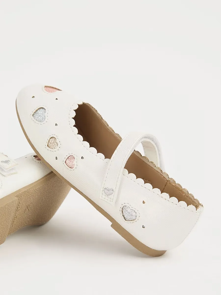 White Holographic Heart Scallop Edge Ballet Shoes