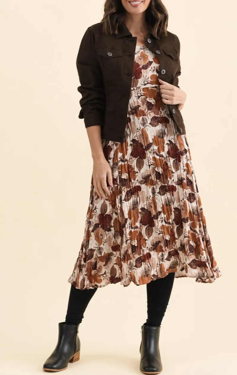 Floral Rayon Pocket Round-Neck Three-Quarter-Sleeve A-Line Below-Knee Dress