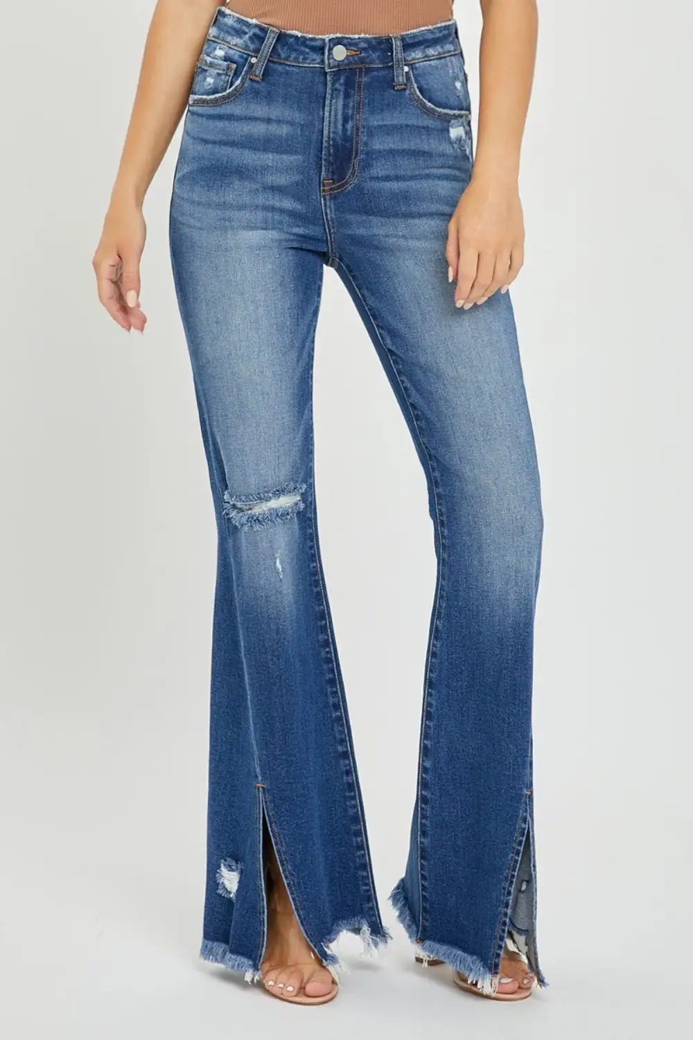 High Waist Flare Leg Frayed Denim Jeans