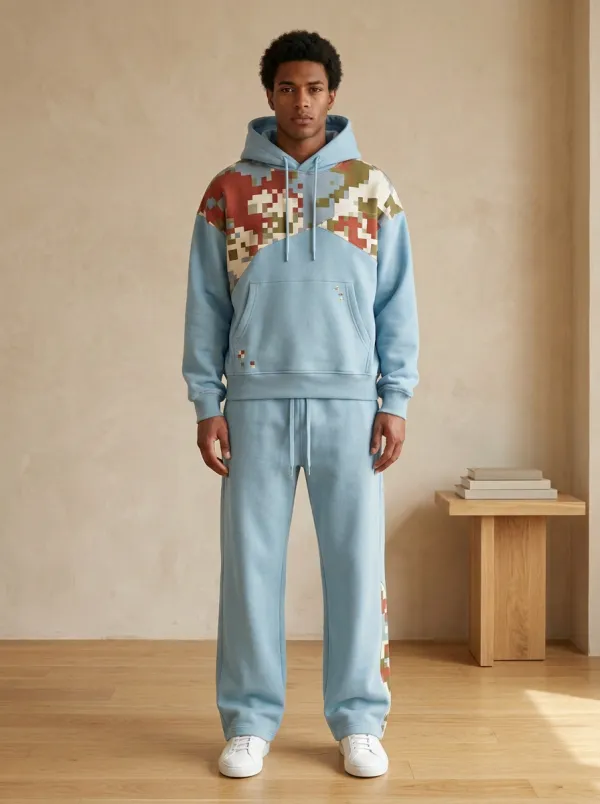Men's Pixel Camo Pattern Printed Hooded Sweatshirt Set