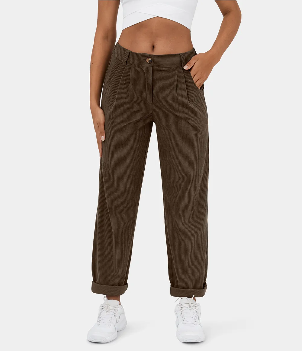 Mid Rise Button Zipper Side Pocket Corduroy Casual Pants