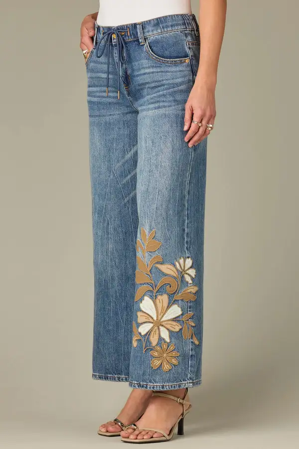 High Rise Drawstring Waist Floral Applique Wide Leg Jeans
