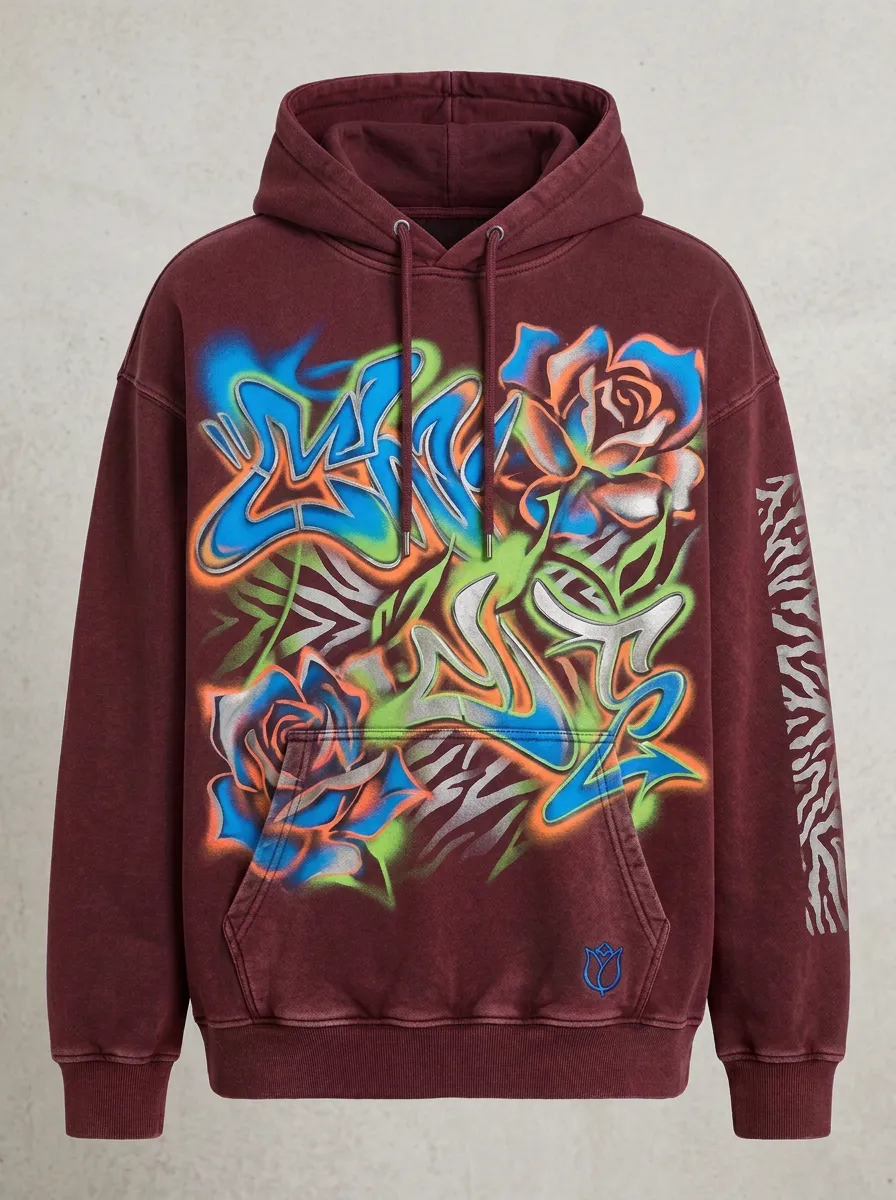 Unisex Streetwear Graffiti Rose Airbrush Graphic Hoodie