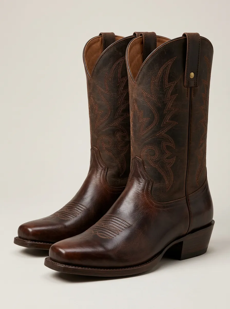 Men's Brown Leather Cowboy Boots with Ornamental Embroidery
