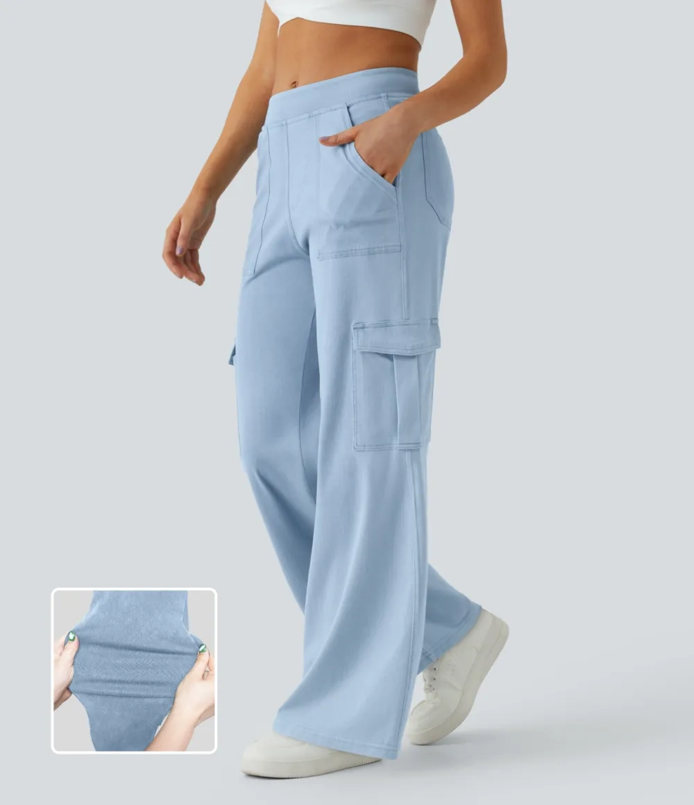 Magic Mid Rise Multiple Pockets Straight Leg Stretchy Knit Casual Cargo Jeans