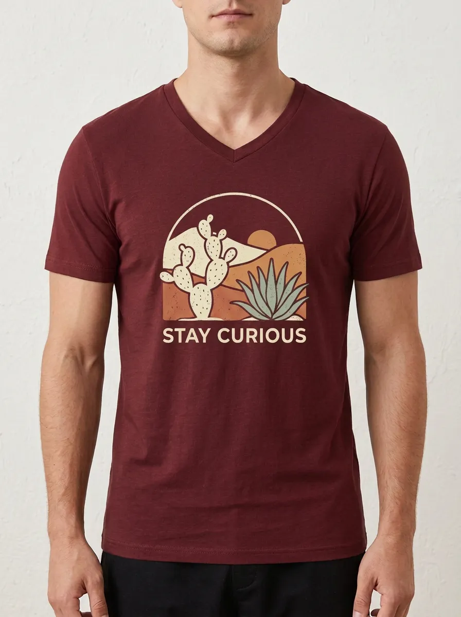 Men's Stay Curious Desert Cactus Printed V-Neck T-Shirt