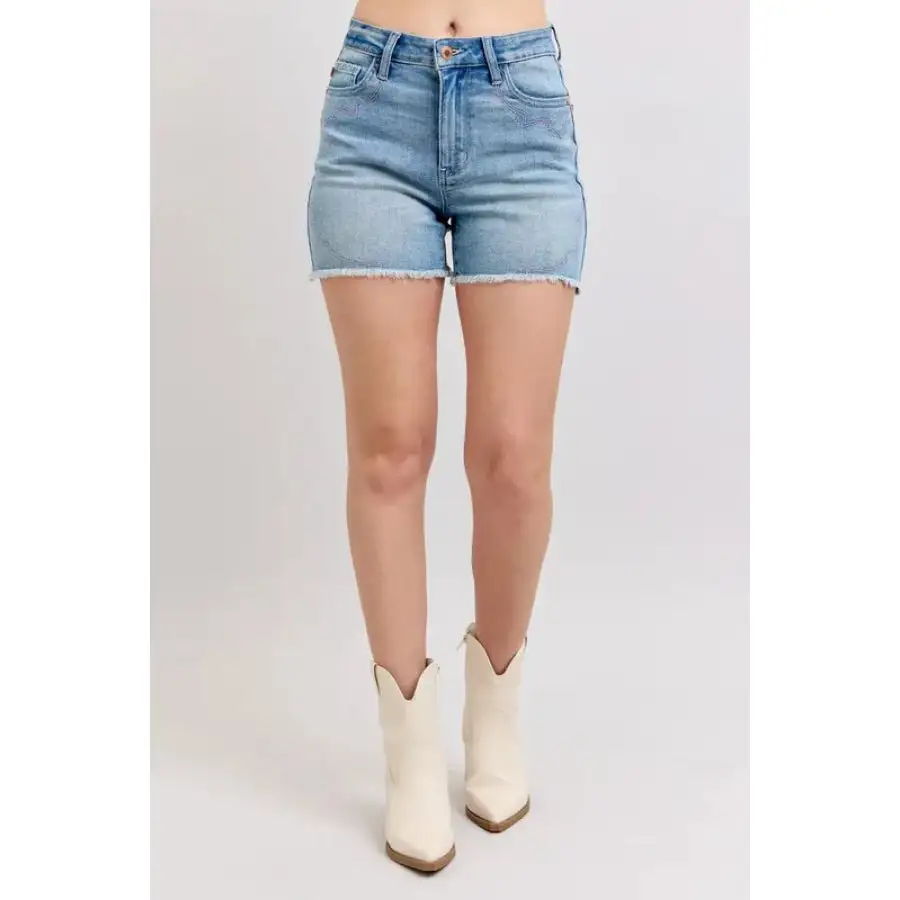 Full Size High Waist Western Embroidery Detail Cut Off Denim Shorts Plus Size