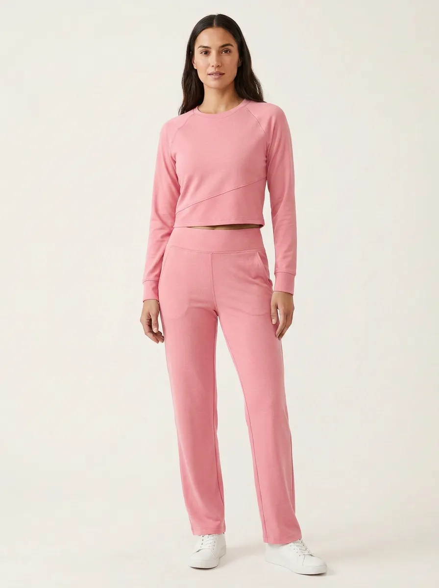 Women's Raglan Asymmetric-Seam Crop Top and Straight-Leg Pant Set
