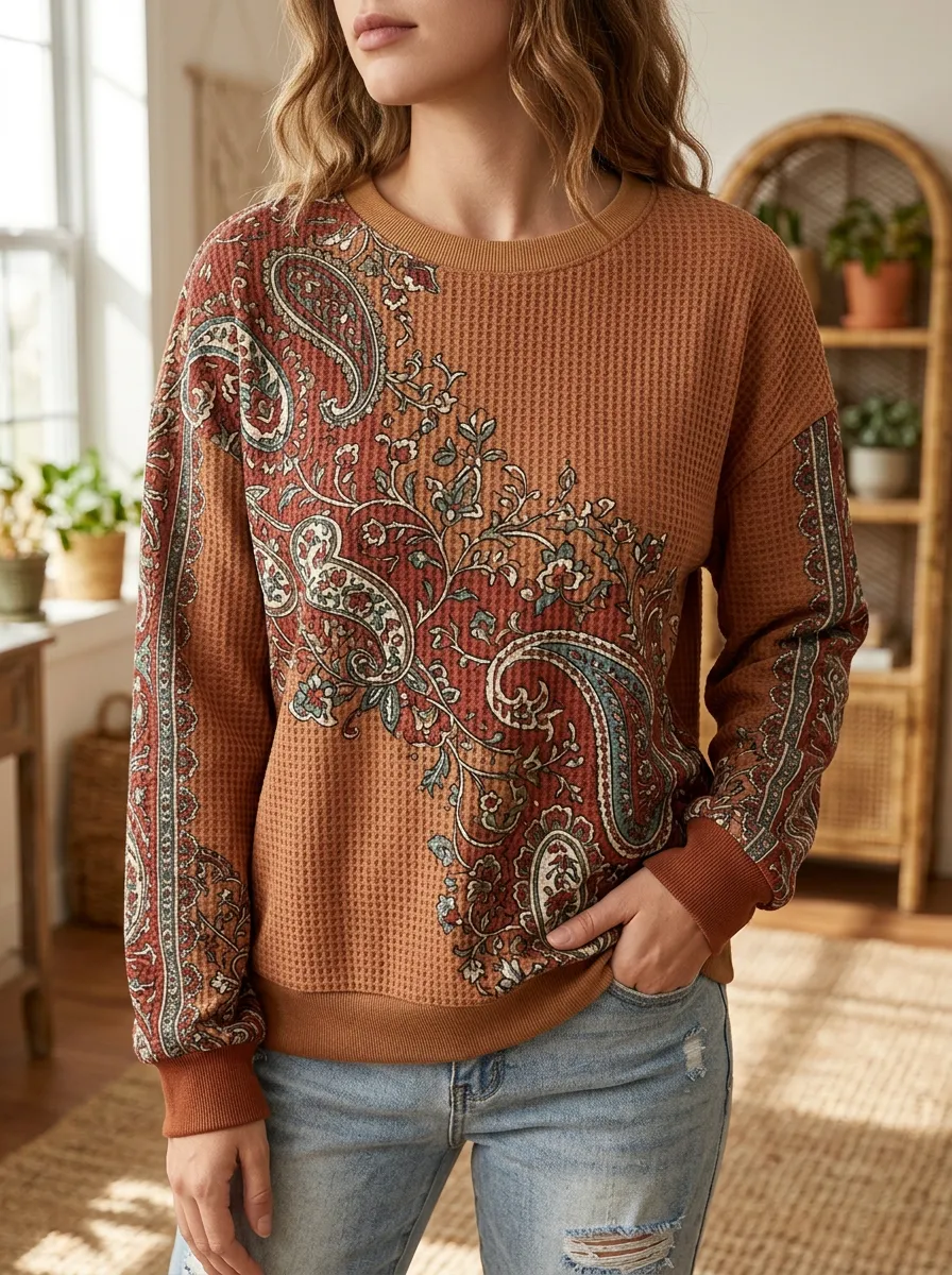 Women's Boho Paisley Floral Everyday Waffle Knit Crewneck Sweatshirt