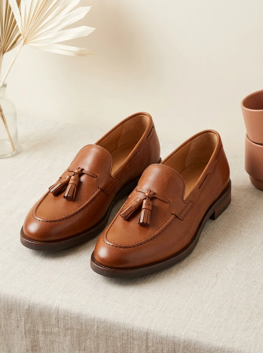 Unisex Brown Leather Tassel Printed Loafers