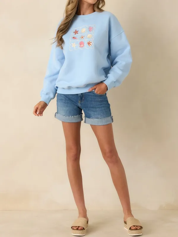Light Blue Embroidered Crewneck Sweatshirt