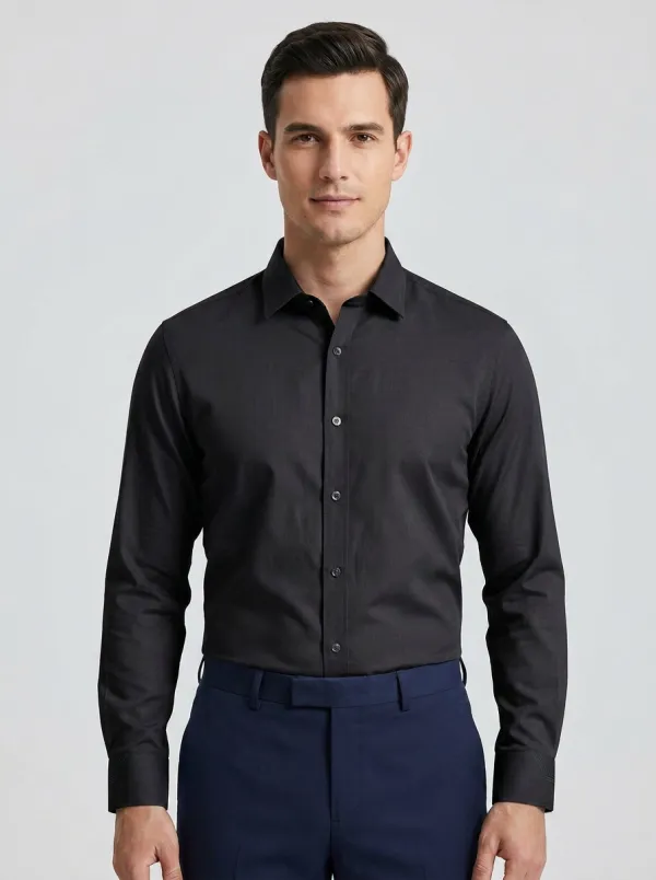 Men's Non-Iron Cotton Solid Grey Button Down Dress Shirt