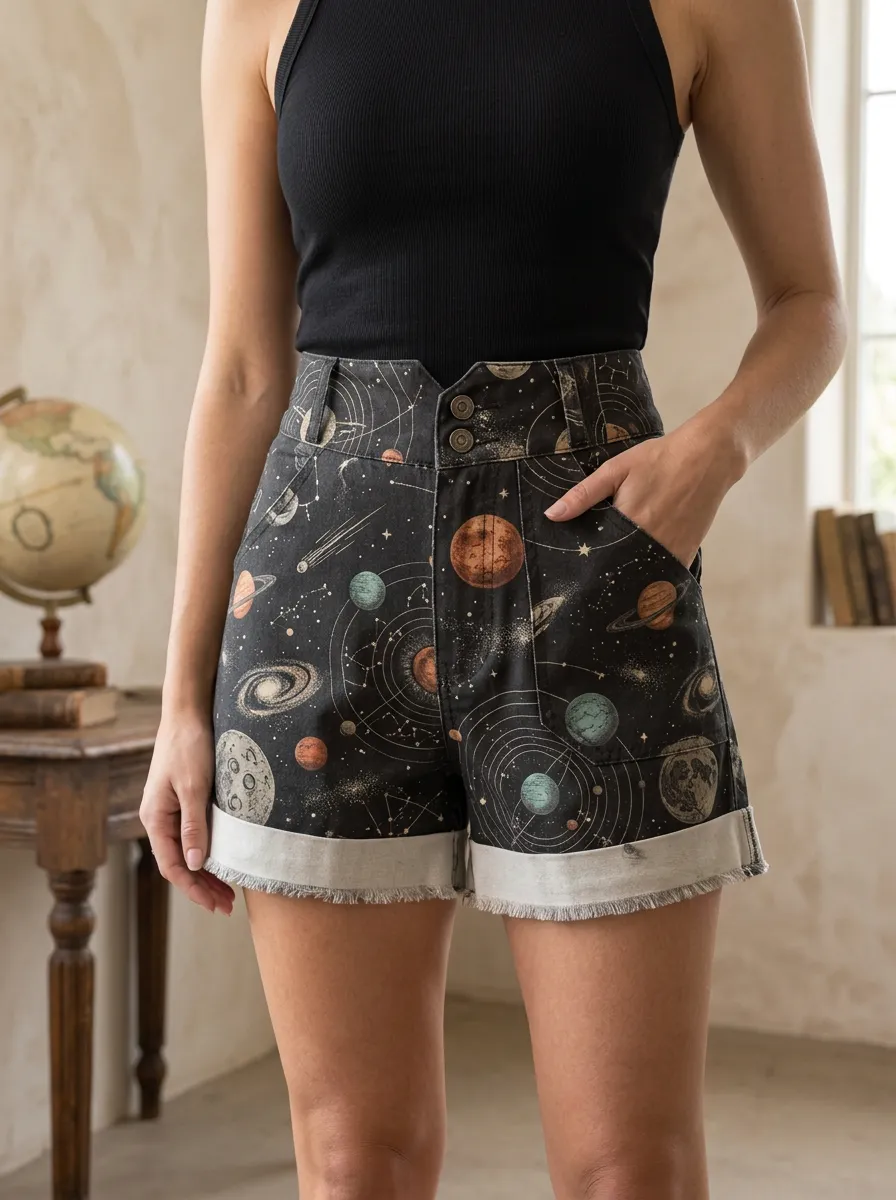 Women's Astronomy Lover Solar System Printed Shorts