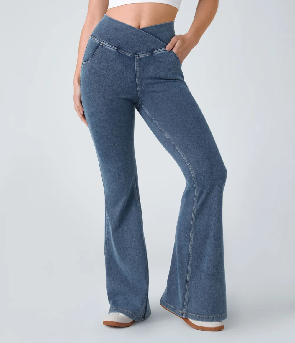Magic High Waisted Crossover Pocket Cool Touch Washed Stretchy Knit Casual Super Flare Jeans