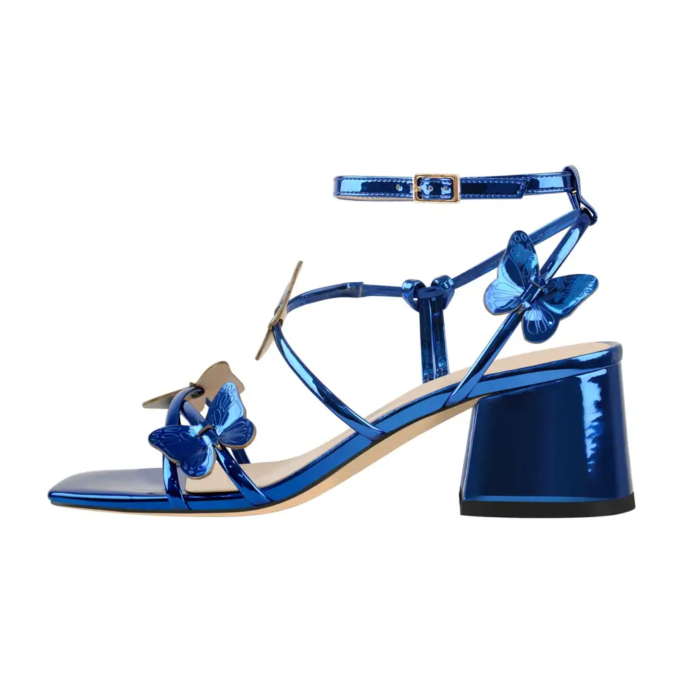 Ankle Strap Butterfly Decor Mid Chunky Heel Sandals