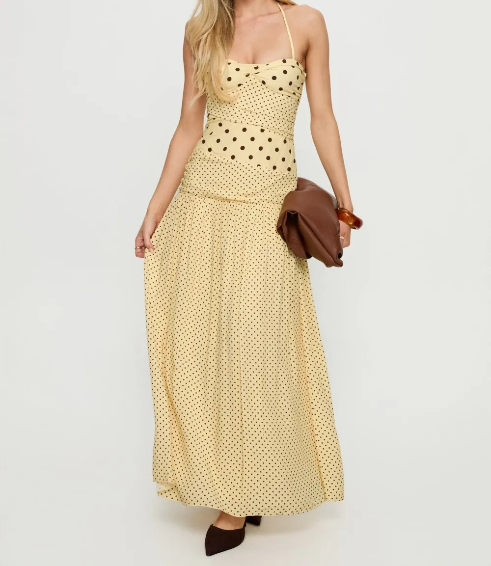 Lemon and Brown Polka Dot Halter Maxi Dress
