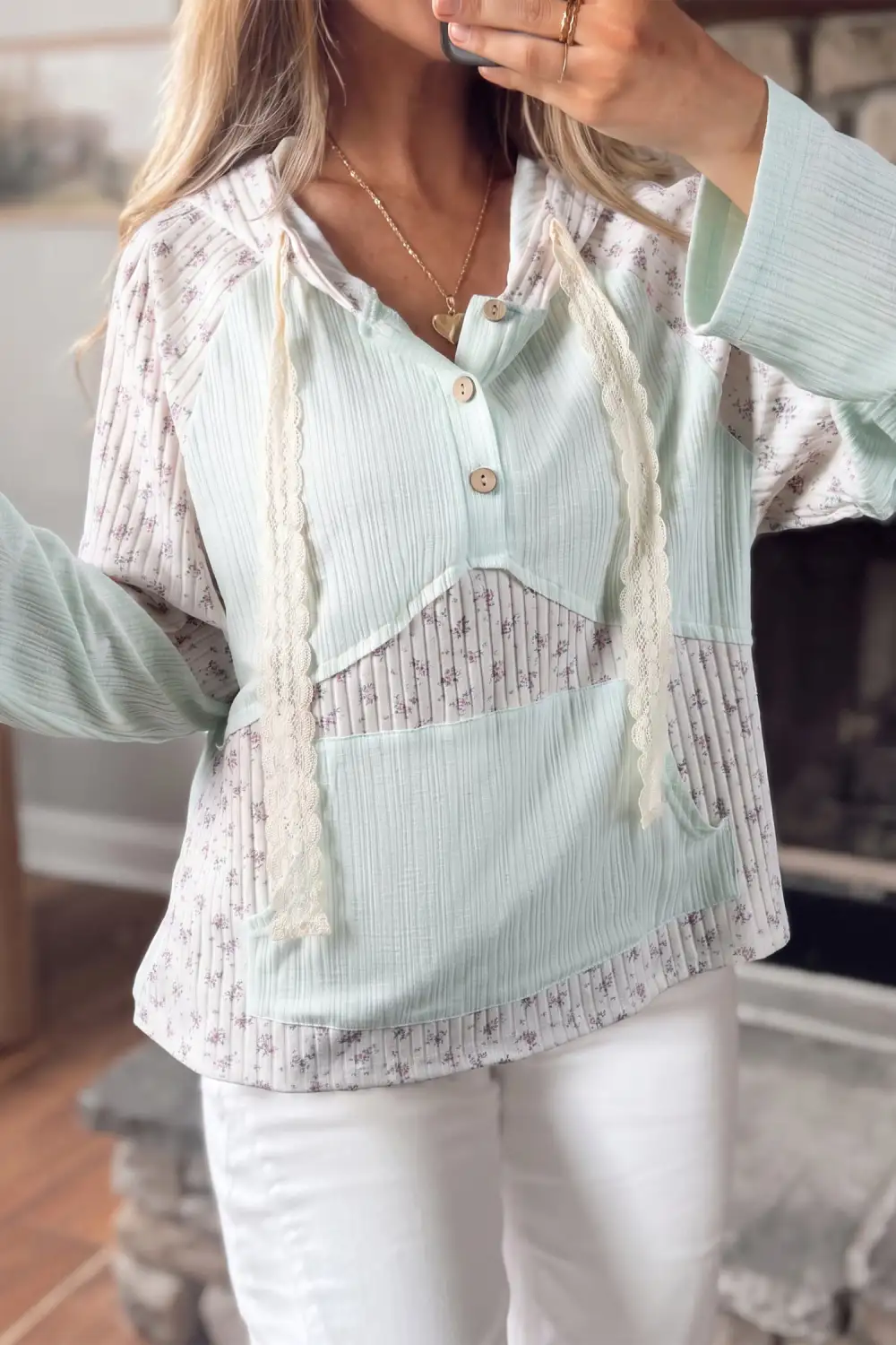 Floral Print Hooded Ribbed Long Sleeve Top
