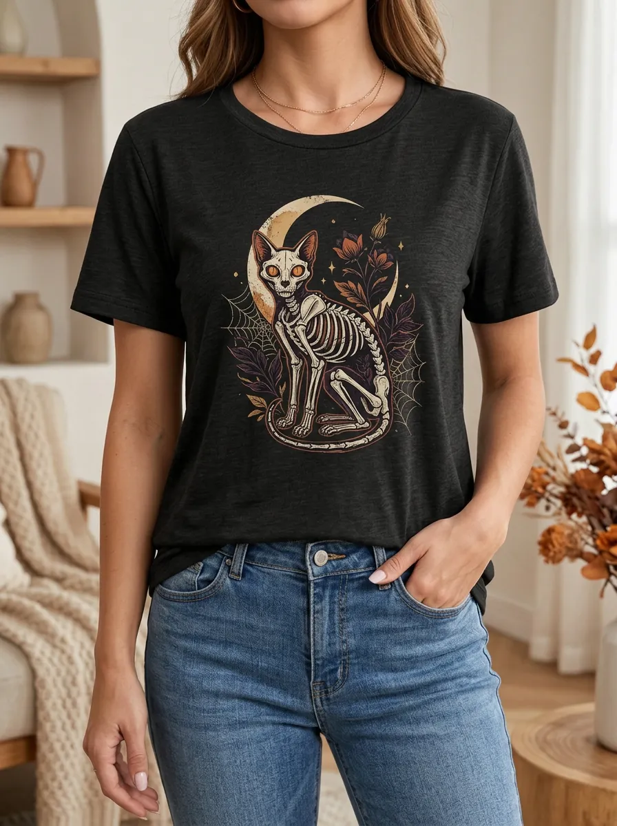 Women's Halloween Skeleton Cat Moon Floral Printed T-shirt