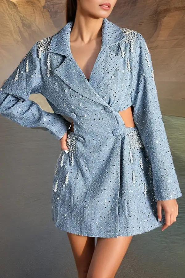 Blue Sequined & Beaded Decor Ripped Denim Cutout Waist Mini Dress