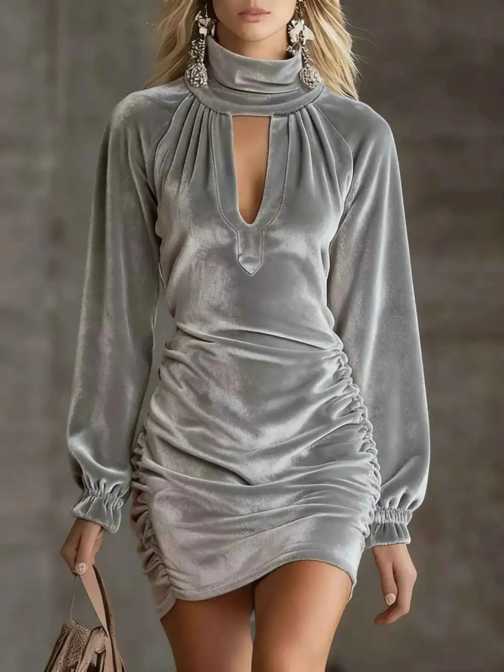 Plus Size Velvet Ruched Flounce Sleeve Mini Dress