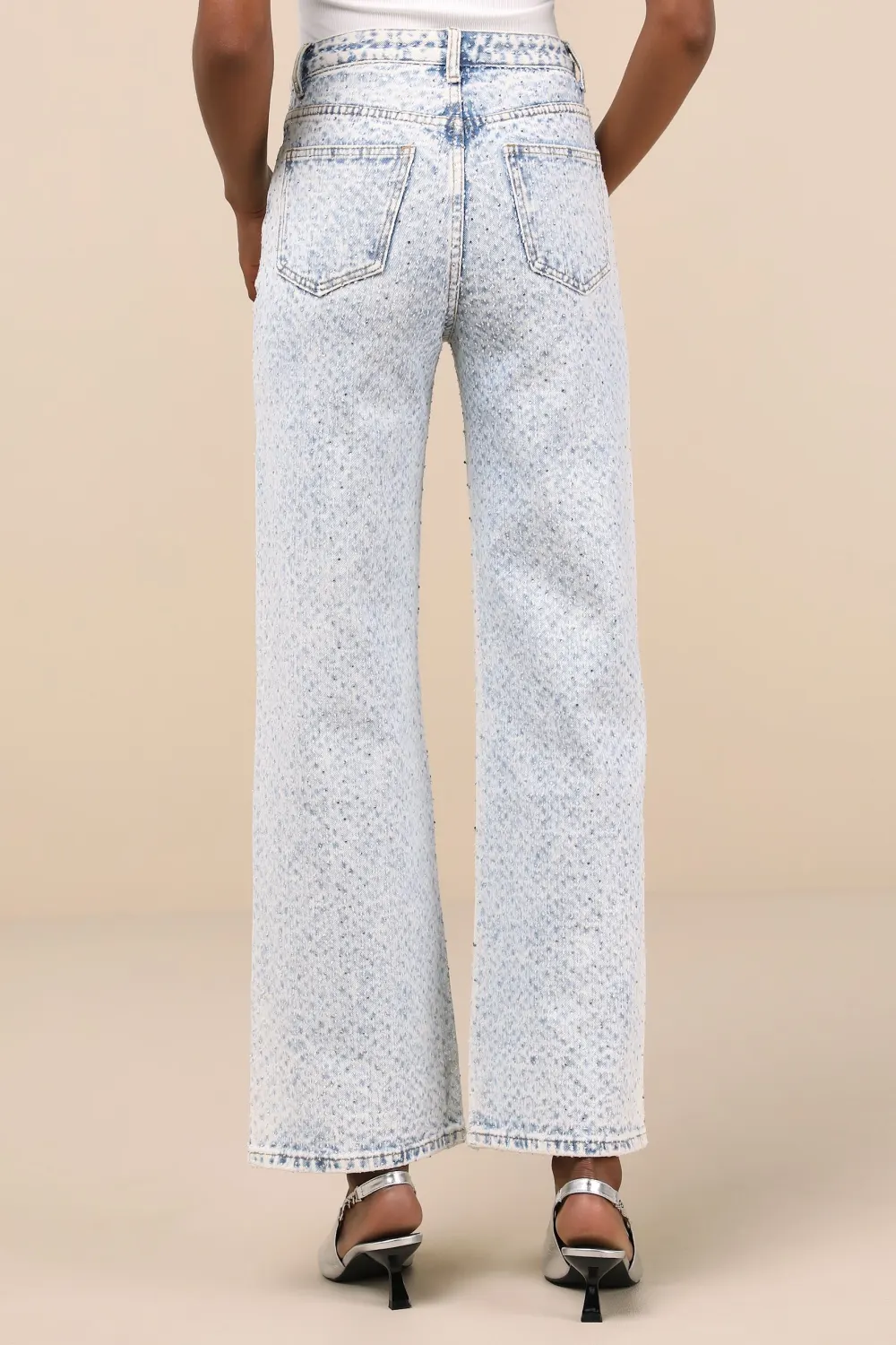 Light Wash Casual Style Light Wash Denim Rhinestone Wide-Leg Jeans