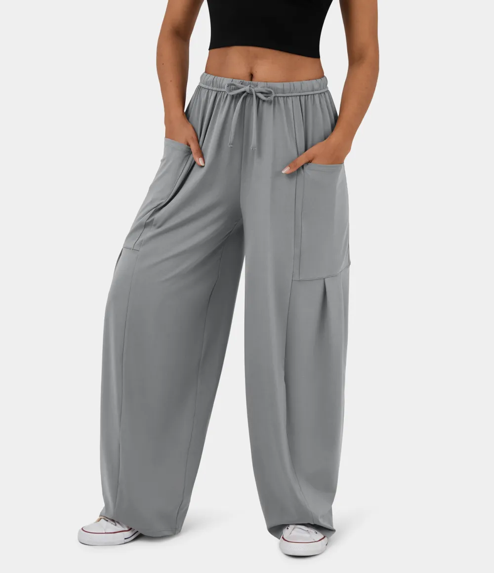 Mid Rise Elastic Waistband Drawstring Side Pocket Palazzo Flowy Wide Leg Casual Pants
