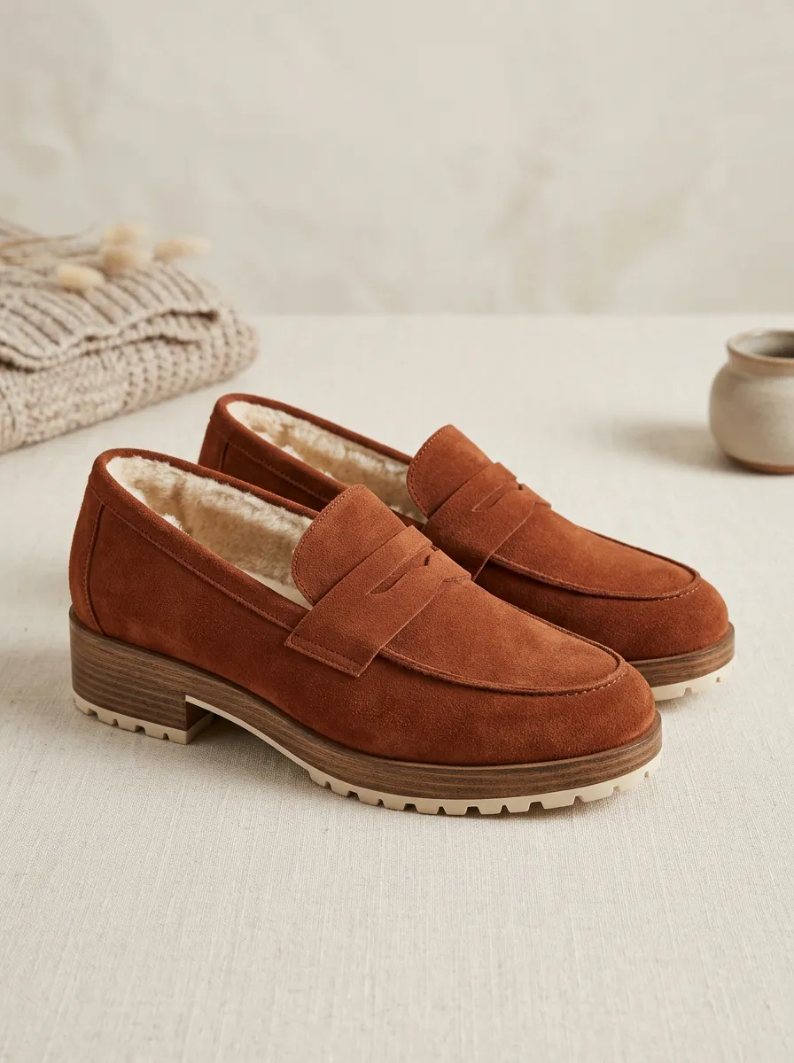 Women's Easygoing Faux Fur Lined Platform Suede Wood Sole Loafers