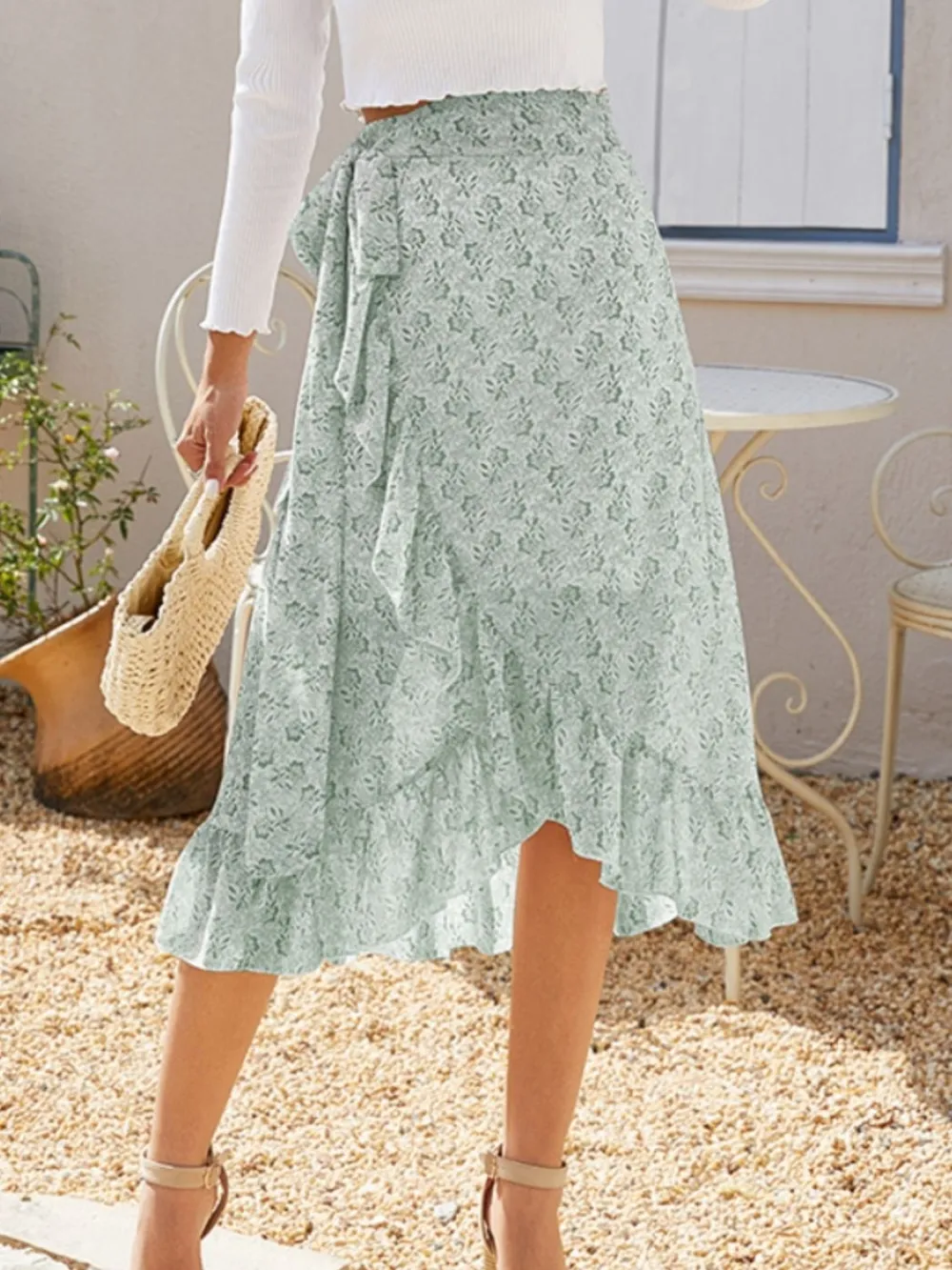 Ruffle Printed Midi Skirt