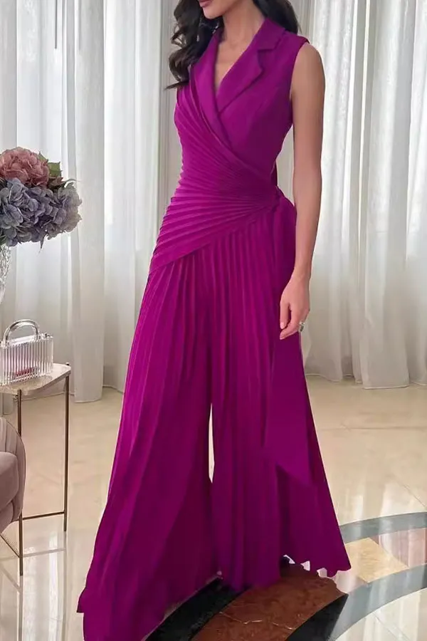 Pleated Lace-Up Lapel Wide-Leg Jumpsuit