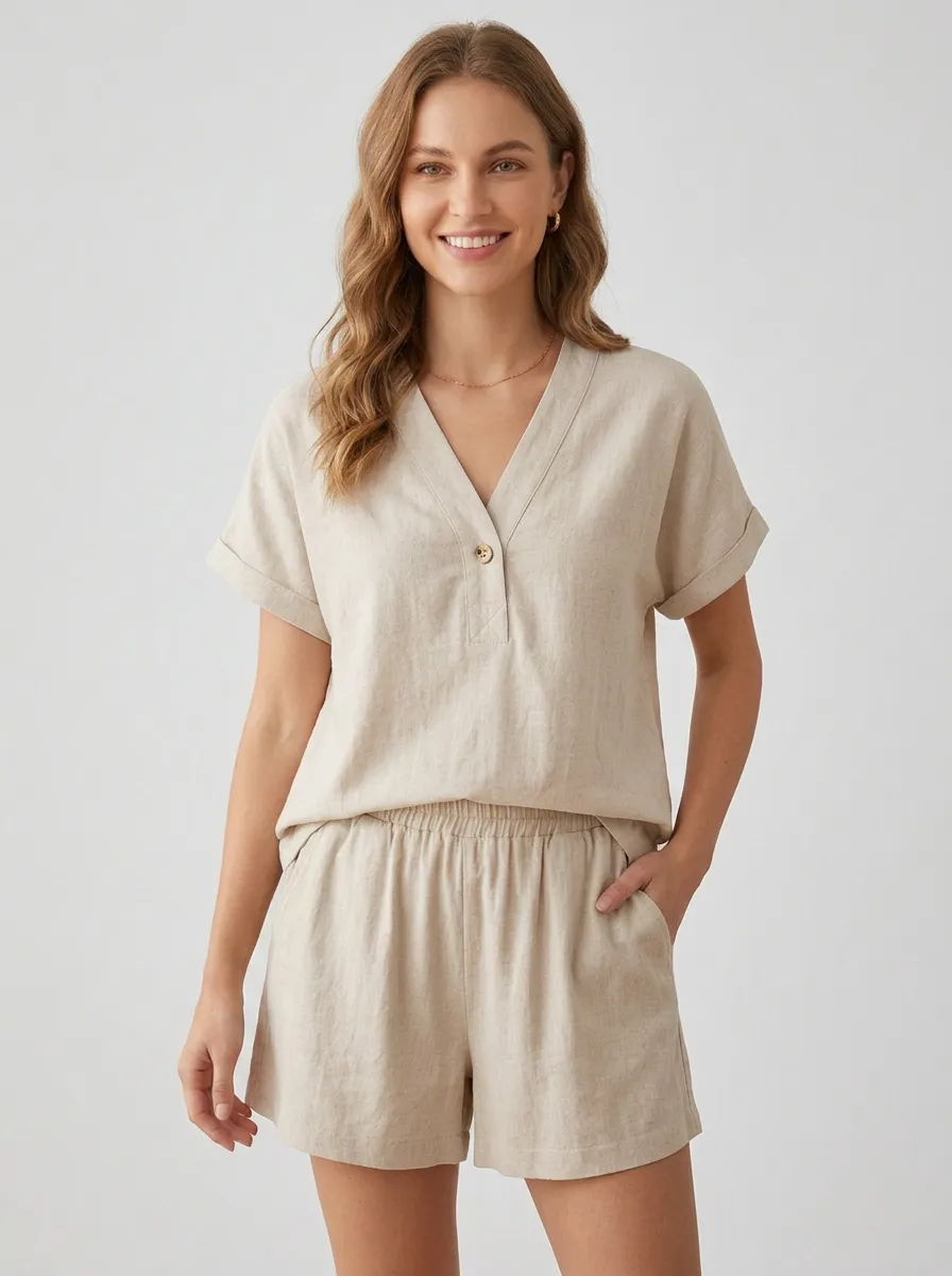 Short-Sleeve Button-Front Button-Down Women's V-Neck Shirt