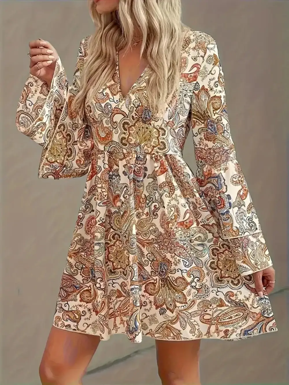 Paisley Printed Bell Sleeve Mini Dress